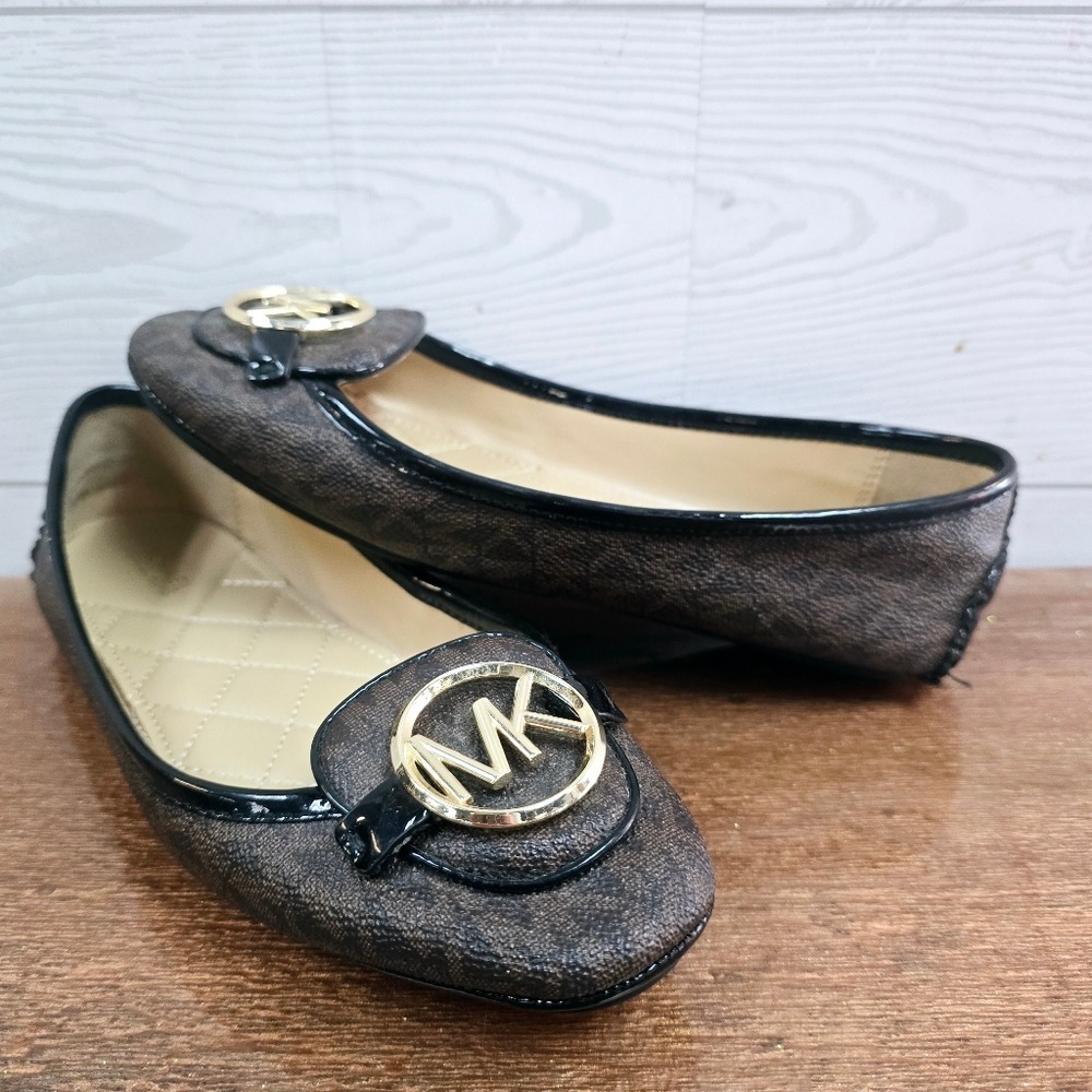 Michael Kors Fulton Moccasin‎ Brown Logo Flats Gold MK Medallion Womens 6M